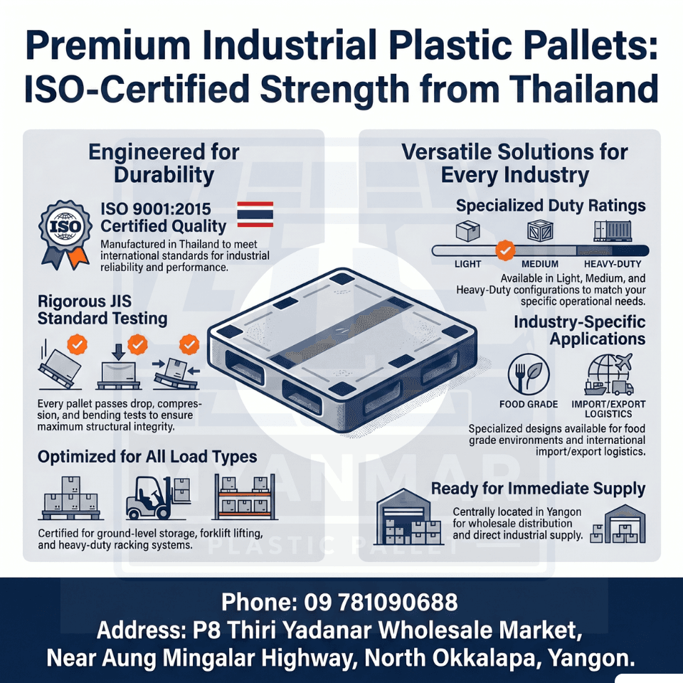 ISO အသိမှတ်ပြုထိုင်းနိုင်ငံထုတ် ပြည်တွင်း Industrial Plastic Pallet များ